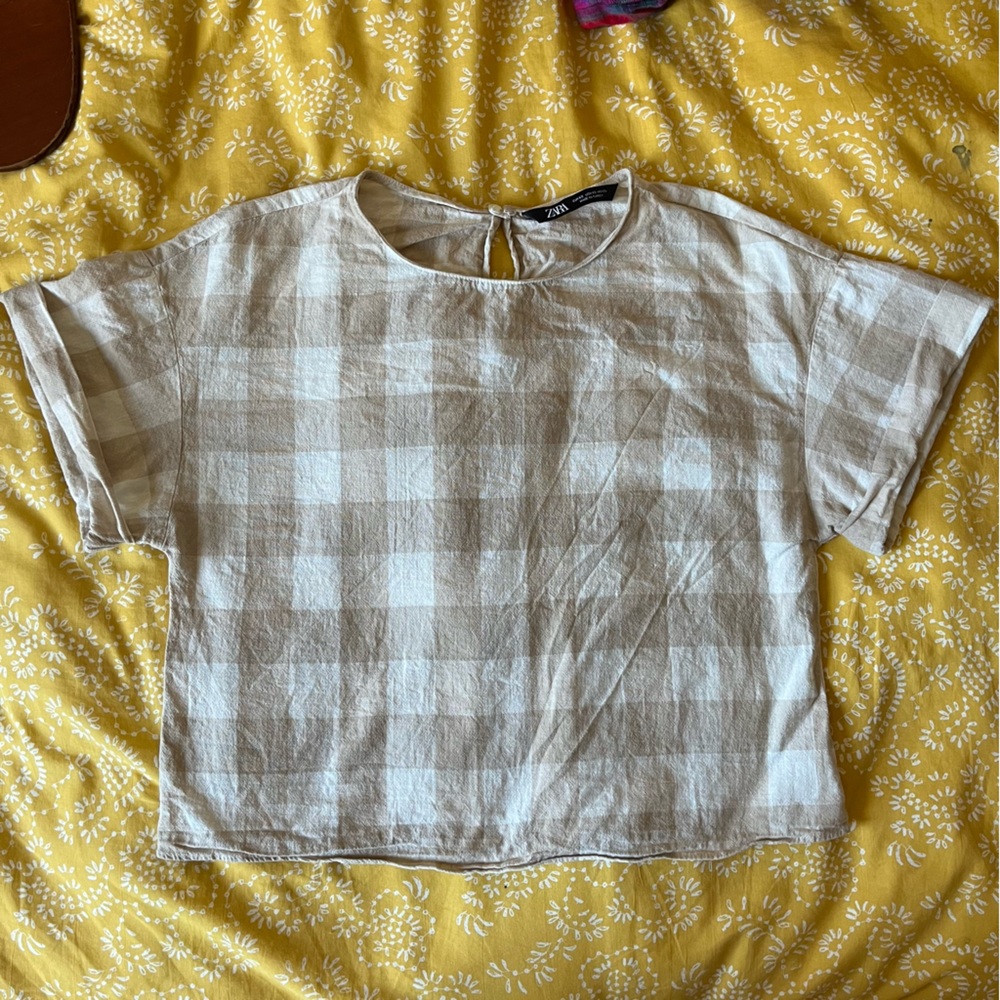 zara women’s cotton linen plaid short sleeve blouse